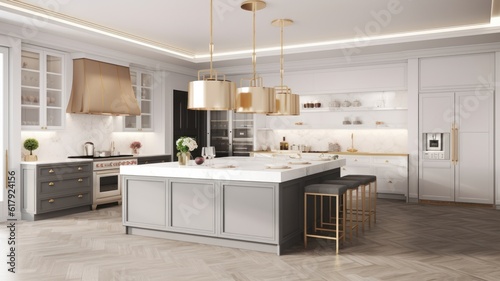 Modern classic white kitchen in a luxury apartment. Large kitchen island with marble top and bar stools, glazed cabinets, luxurious chandelier, gilded details, modern kitchen appliances. 3D rendering.