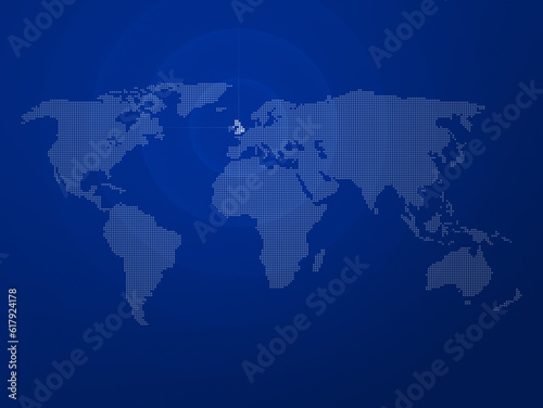 Dotted halftone world map with the country of United Kingdom  UK or Britain  highlighted. Modern and clean world map on a blue color gradient background.