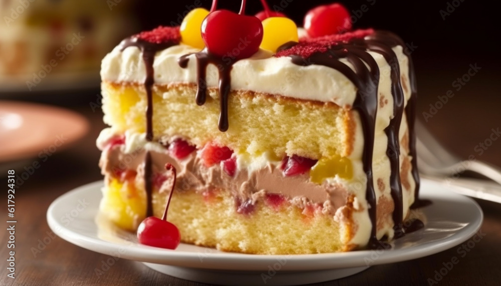 Indulgent gourmet dessert fresh berry cheesecake with whipped cream topping generated by AI Indulgent gourmet dessert fresh berry cheesecake with whipped cream topping generated by AI