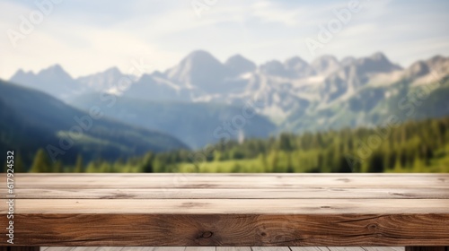 Wooden table with moutain nature in alpes background, copy space