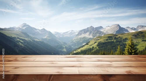 Wooden table with moutain nature in alpes background  copy space