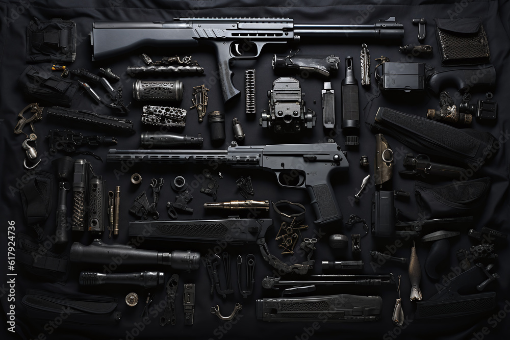 various weapons and tools in a black blanket.. Generative AI - obrazy, fototapety, plakaty 