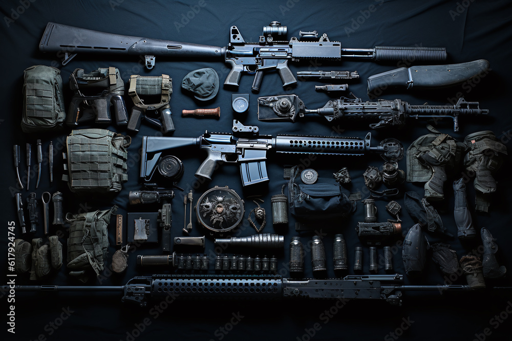 various weapons and tools in a black blanket.. Generative AI