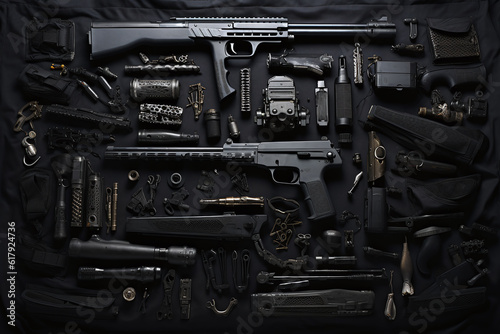 various weapons and tools in a black blanket.. Generative AI photo