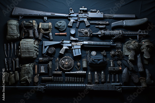 various weapons and tools in a black blanket.. Generative AI photo