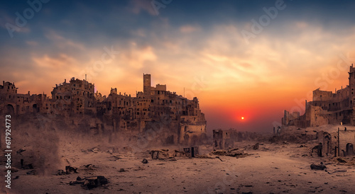 amazing ruined city in the middle of the desert with a beautiful sunset and a shining sun