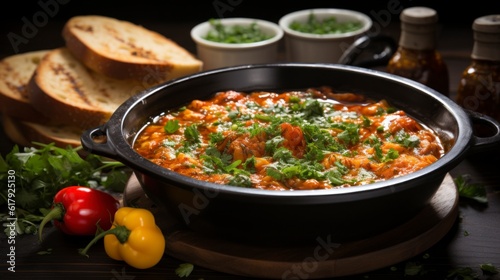 Traditional Turkish Menemen in a bowl, close-up. Created with generative AI.