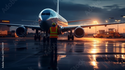 Airport ground crew worker checking airplane on tarmac