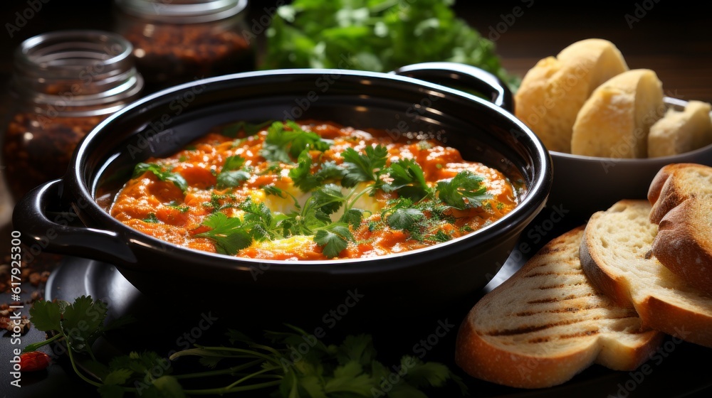 Traditional Turkish Menemen in a bowl, close-up. Created with generative AI. Traditional Turkish Menemen in a bowl, close-up. Created with generative AI.