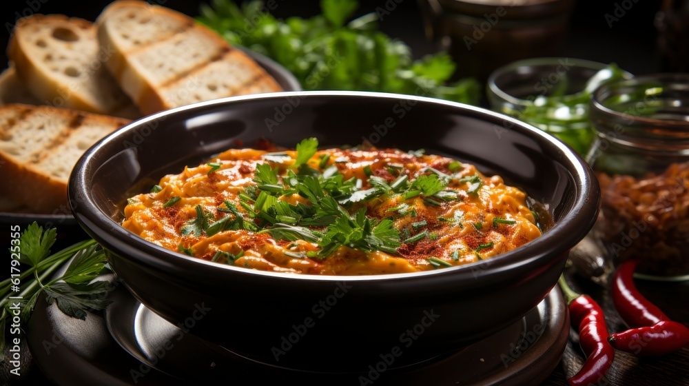 Traditional Turkish Menemen in a bowl, close-up. Created with generative AI.