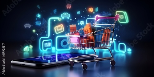 Futuristic online shopping technology digital payment from mobile phone. ai generated