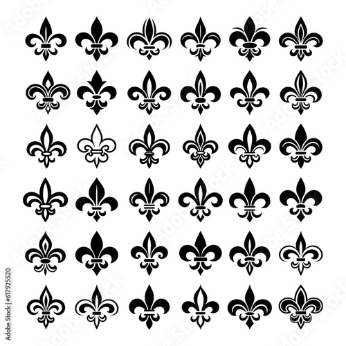 Vector Vintage White and Black Fleur De Lis Icon Set Isolated. Heraldic Lily, Retro Design Element. Vector Illustration