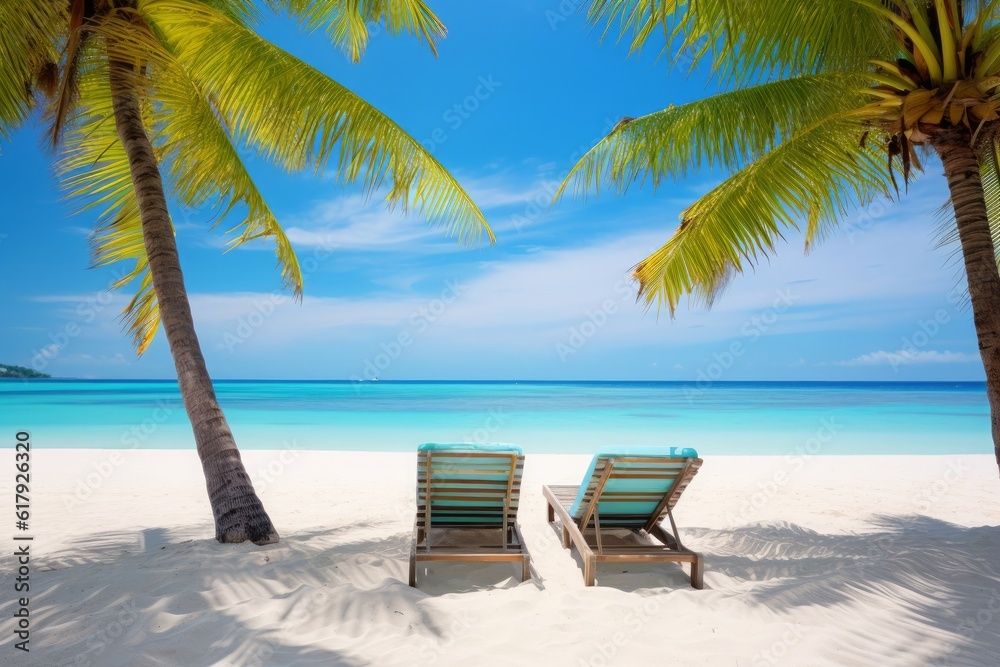 Tropical paradise beckons: A beautiful beach with white sand, framed by swaying palm trees. Two sunbeds invite relaxation, while the bright, crystal-clear sea sets the stage Generative AI