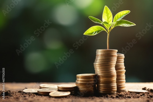 ESG: A small tree symbolizes environmental, social, and governance factors. It rests on a stack of coins, representing sustainable investment and organizational development Generative AI