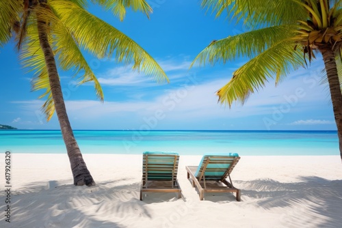 Tropical paradise beckons: A beautiful beach with white sand, framed by swaying palm trees. Two sunbeds invite relaxation, while the bright, crystal-clear sea sets the stage Generative AI
