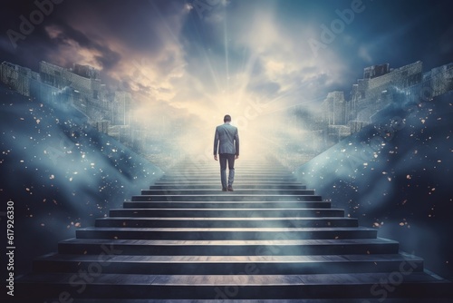 Ascending to success: An ambitious businessman climbing stairs, symbolizing the journey of career path success, future planning, and thriving in business competitions, Generative AI © Kishore Newton