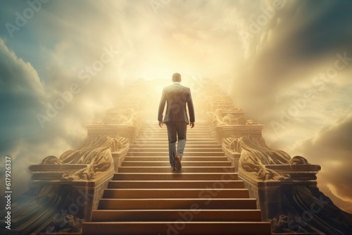Ascending to success: An ambitious businessman climbing stairs, symbolizing the journey of career path success, future planning, and thriving in business competitions, Generative AI