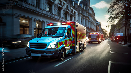 an ambulance racing through the city on a stormy day with motion blur with reflections and blue lights Created using generative AI tools.