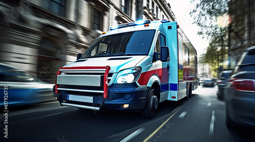 an ambulance racing through the city on a stormy day with motion blur with reflections and blue lights Created using generative AI tools.