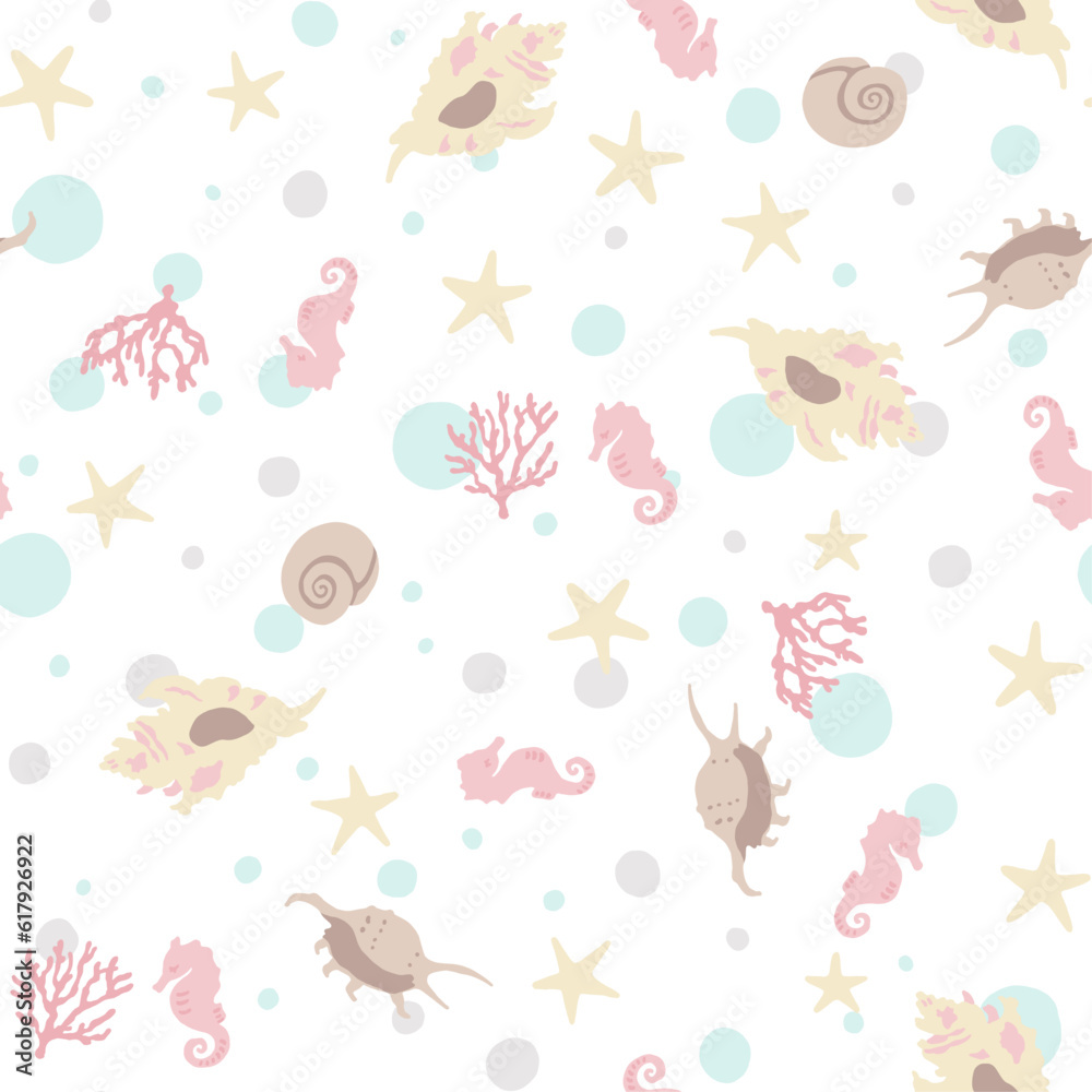 タツノオトシゴと貝殻のシームレスなパターン-2way-手描き