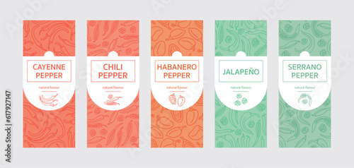 Set of spices, labels for jars and bottles with peppers: Chili pepper, Jalapeño, Serrano, Habanero, Pink pepper, exotic peppers, red, green, pink