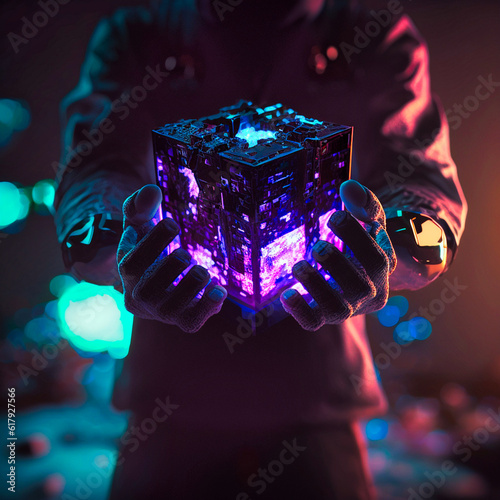 Enderman holds a cube with an edge crystal, generative AI photo