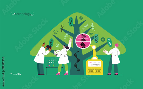 Bio Technology, Tree of life - modern flat vector concept illustration of scientists observing the tree, whose leaves represent various types of DNA. Metaphor of genetic research and diversity of life