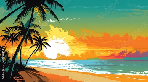 Tropical beach with palm trees and sunset, cartoon illustration.