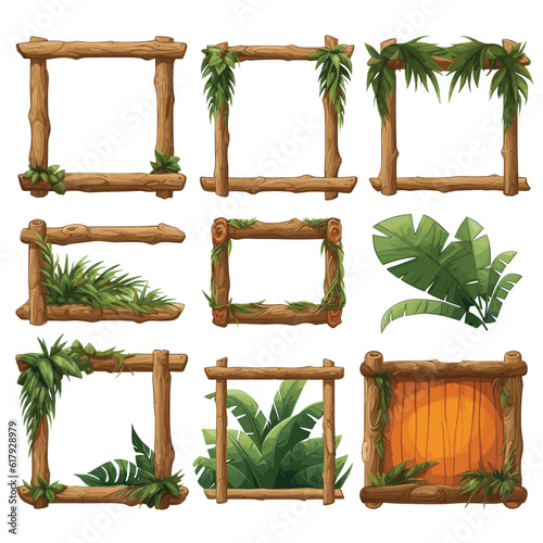 Set of wooden signboard bamboo frame parchment decorated with leaves and tree branches, game UI assets