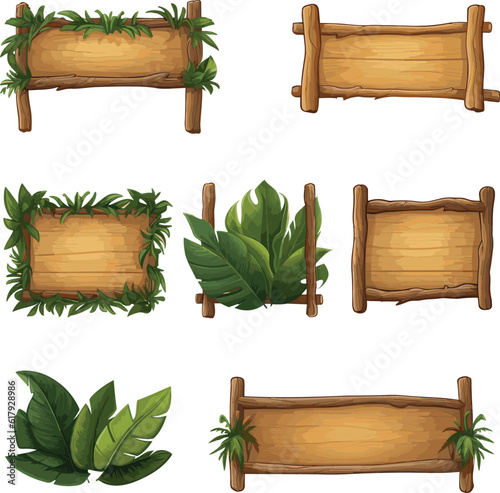 Fotografiet Set of wooden signboard bamboo frame parchment decorated with leaves and tree br