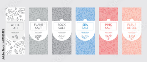 Set of salts, labels for jars and bottles: Table salt, Sea salt, Pink Himalayan salt, Rock salt, Fleur de sel, Flake salt, red, pink, white photo