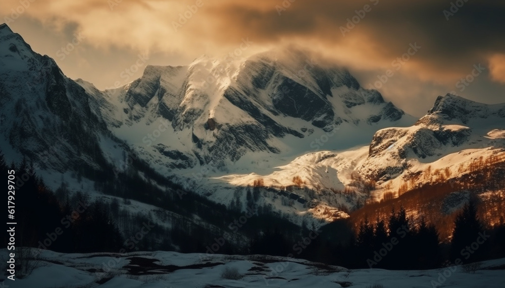 Majestic snowcapped mountain peak in panoramic winter landscape generated by AI