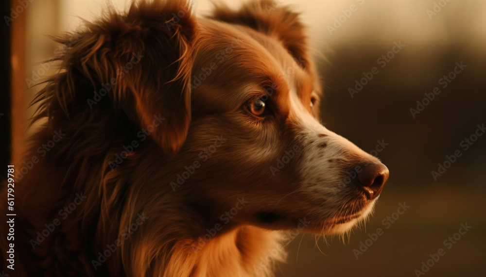 Purebred dog loyalty Fluffy retriever sitting outdoors, looking at camera generated by AI