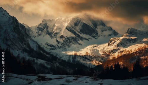 Majestic snowcapped mountain peak in panoramic winter landscape generated by AI © Jemastock