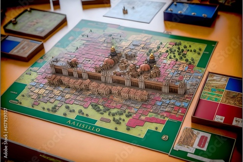 builing Guadalajara mexico as a modern euroboardgame4 Mxico city huge board player pieces tiles3 miniature faking2 workerplacement tabletopgame1 cute modern colorful mystic antique product  photo