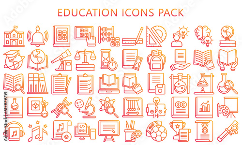 education gradient outline icons pack. contain book, ruler, microscope, mathematics, chemistry and more. use for modern concept, UI or UX kit, web and app. vector EPS 10 ready convert to SVG.