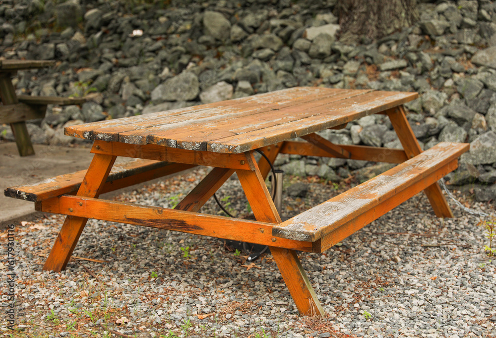 Picnic tables outdoors represent communal gathering, leisure, and connection with nature. They symbolize shared experiences and moments of relaxation in scenic environments
