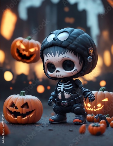 Halloween party poster with skeleton and jack-o'-lantern pumpkins. Digital painting illustration created with Generative AI technology.
