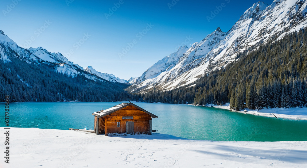 beautiful wooden cabin in the middle of snow and a big lake