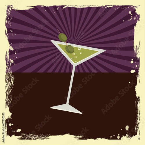 Martini drink with olives in flat retro style. Cold drinks promotional vintage poster. Vector nostalgia
