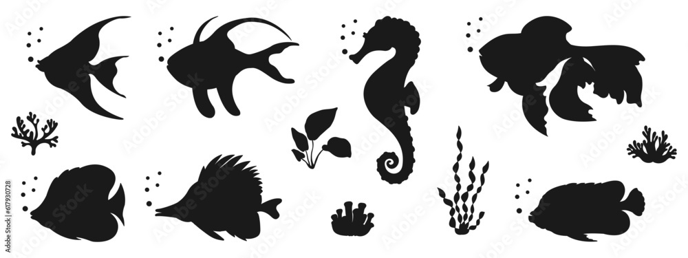 Fototapeta premium Black silhouette of marine life. Set of elements for design in marine style. Shadow of various fishes, algae and corals