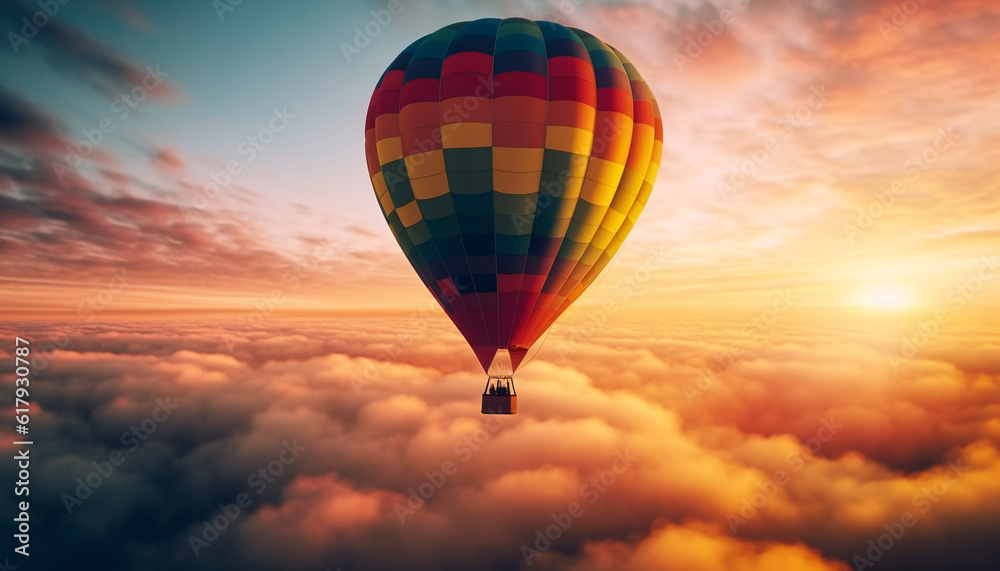 Naklejka premium Multi colored hot air balloon soars high in the vibrant sky generated by AI