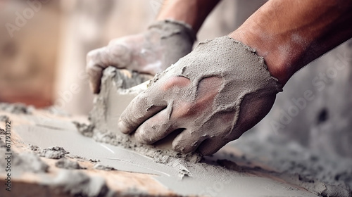 Mão aproximada do trabalhador rebocando cimento na parede para construção de casas photo