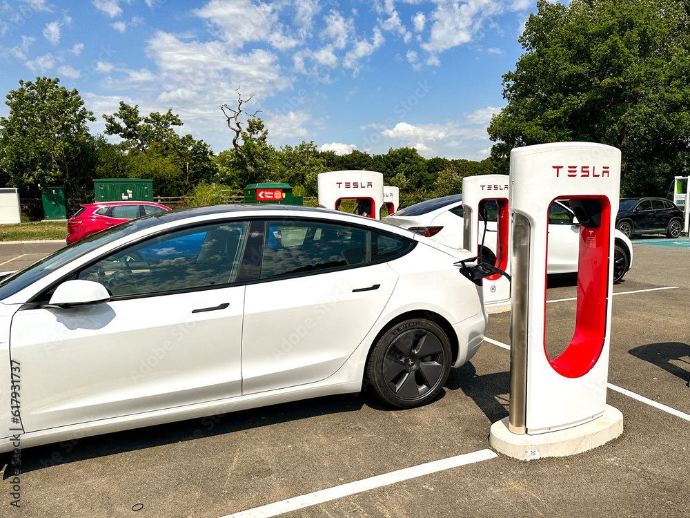 Leigh Delamere, Chippenham, Wiltshire, UK 25 June 2023 Tesla car