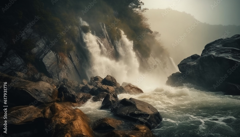 Majestic mountain landscape with flowing water and crashing waves generated by AI