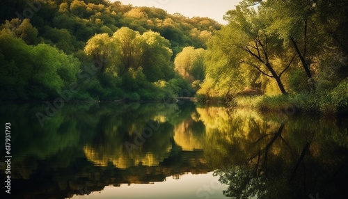 Tranquil scene of nature beauty in autumn forest reflection generated by AI