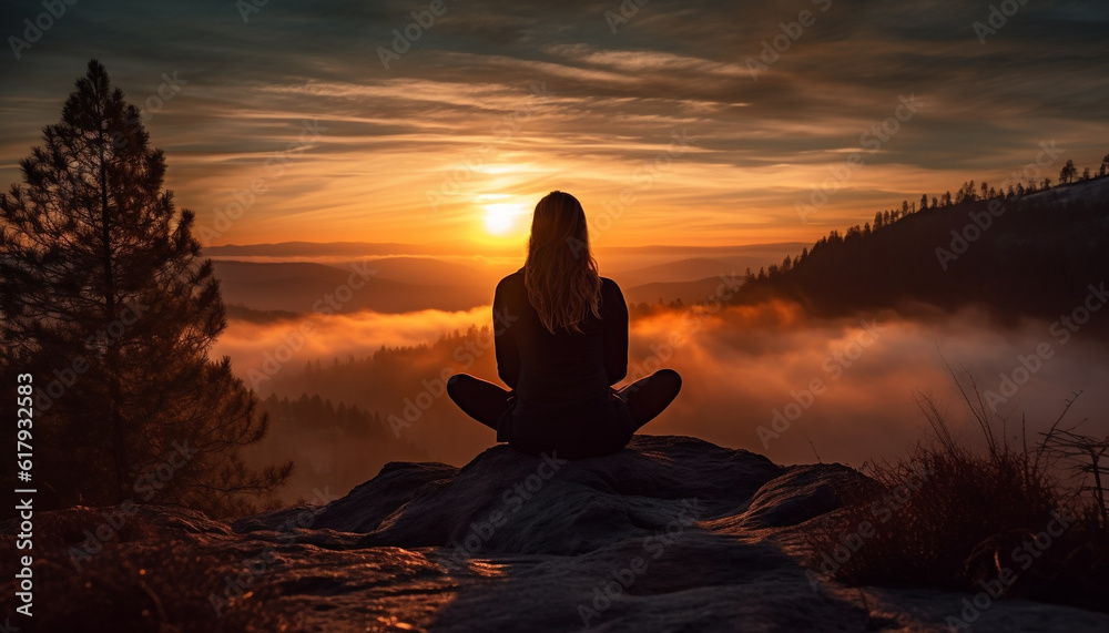 One woman meditating in lotus position at mountain peak sunrise generated by AI