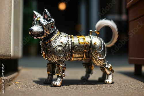 Cute dog made out of metal generated by AI.