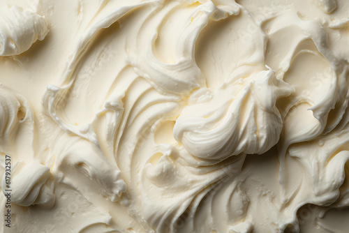 Texture of white ice cream background, close-up. Whipped mascarpone cream cheese top view. Overhead view of vanilla ice cream surface. Generative AI photo.