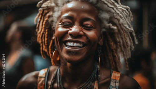 Young African American woman with dreadlocks smiling confidently at camera outdoors generated by AI